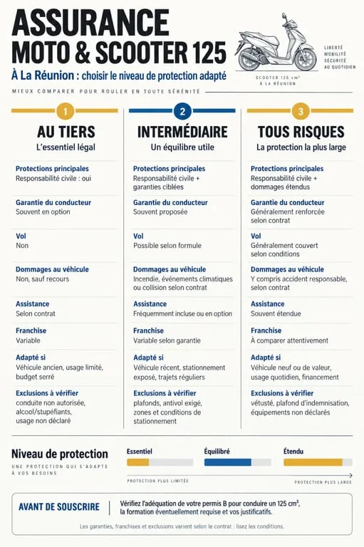 Assurance 125 avec permis B à La Réunion : comparaison des garanties au tiers, intermédiaire et tous risques