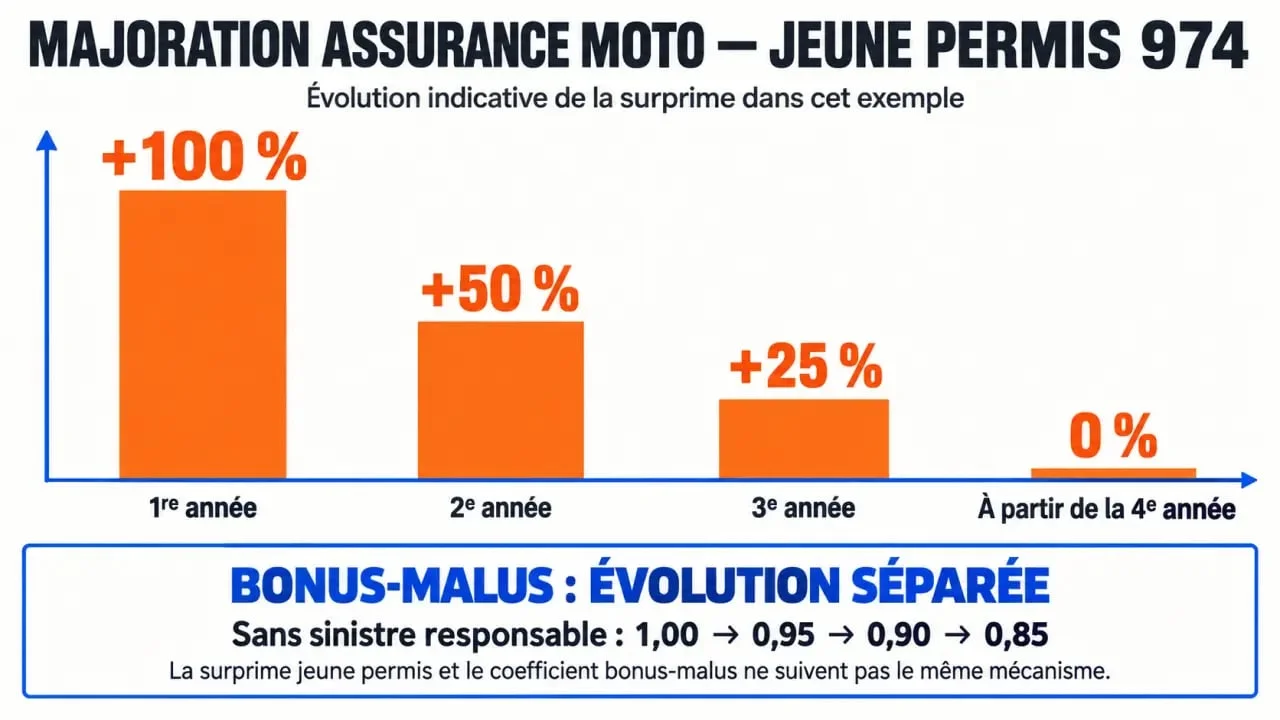 Infographie sur la majoration assurance moto jeune permis 974 et l'évolution de la surprime sur trois ans