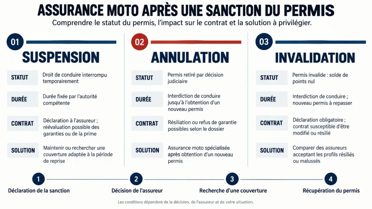 Assurance moto jeune conducteur après suspension de permis : comparaison entre suspension, annulation et invalidation