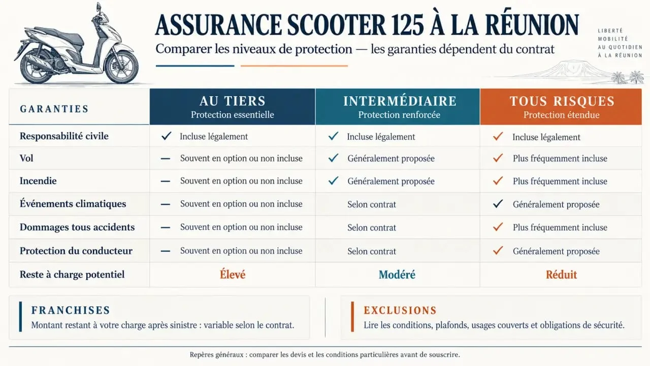Infographie sur l’assurance scooter 125 jeune conducteur à La Réunion et les formules au tiers, intermédiaire et tous risques