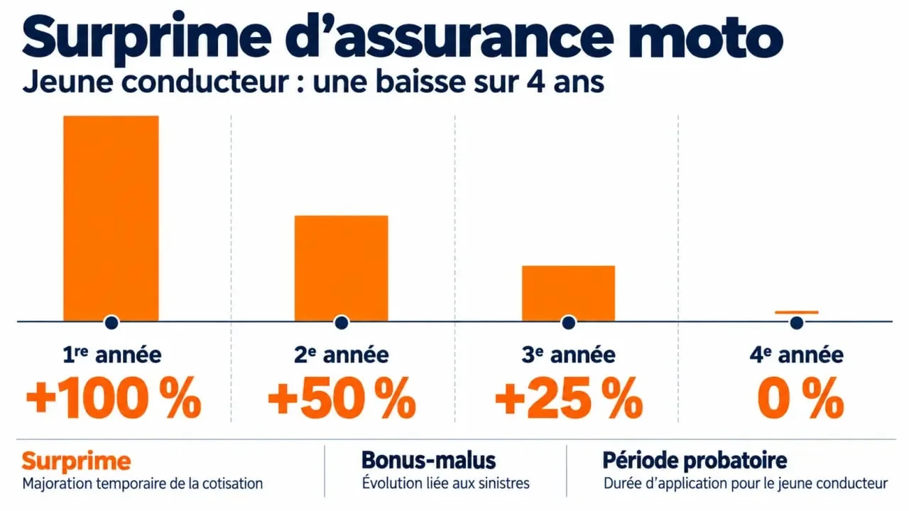 Infographie sur la durée surprime assurance moto jeune conducteur et son évolution sur quatre années
