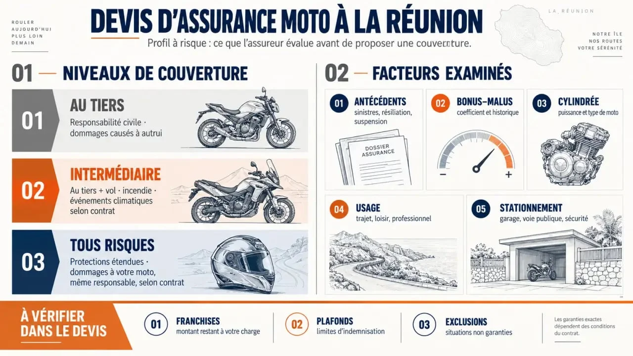 Infographie sur le devis d’assurance moto à La Réunion pour un profil à risque et les garanties comparées